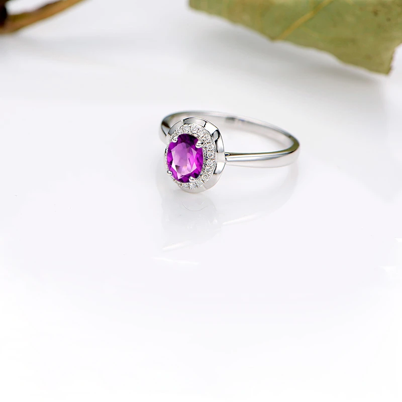 AINUOSHI Natural Amethyst Flower Halo Ring Pure 925 Sterling Silver Gemstone Ring 1.25ct Oval Cut Engagement Jewelry Women Ring
