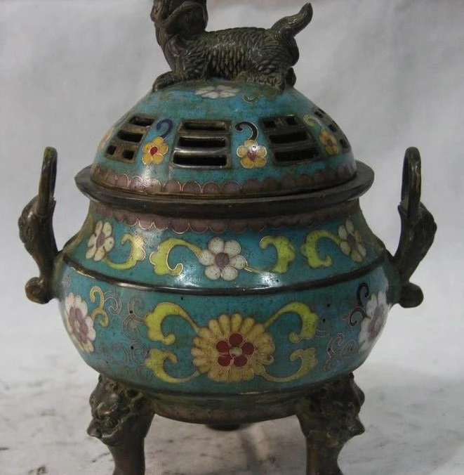 

9" Tibet Pure Bronze Cloisonne Enamel Foo Dog Lion Foot censer incense burner