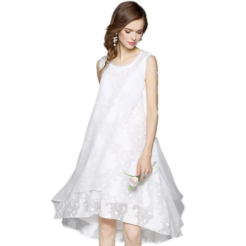 

Fashion Spring Summer Silk Linen Dress Women Black White Dresses vintage irregular Loose Sleeveless Plus Size Dress vestidos