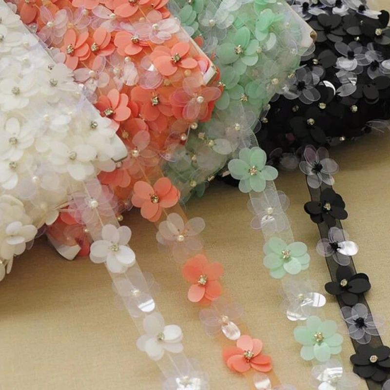 3cm Fashion elegant accessories multi color 3D plastic flower lace trim sequined beads ribbons for DIY clothing | Дом и сад
