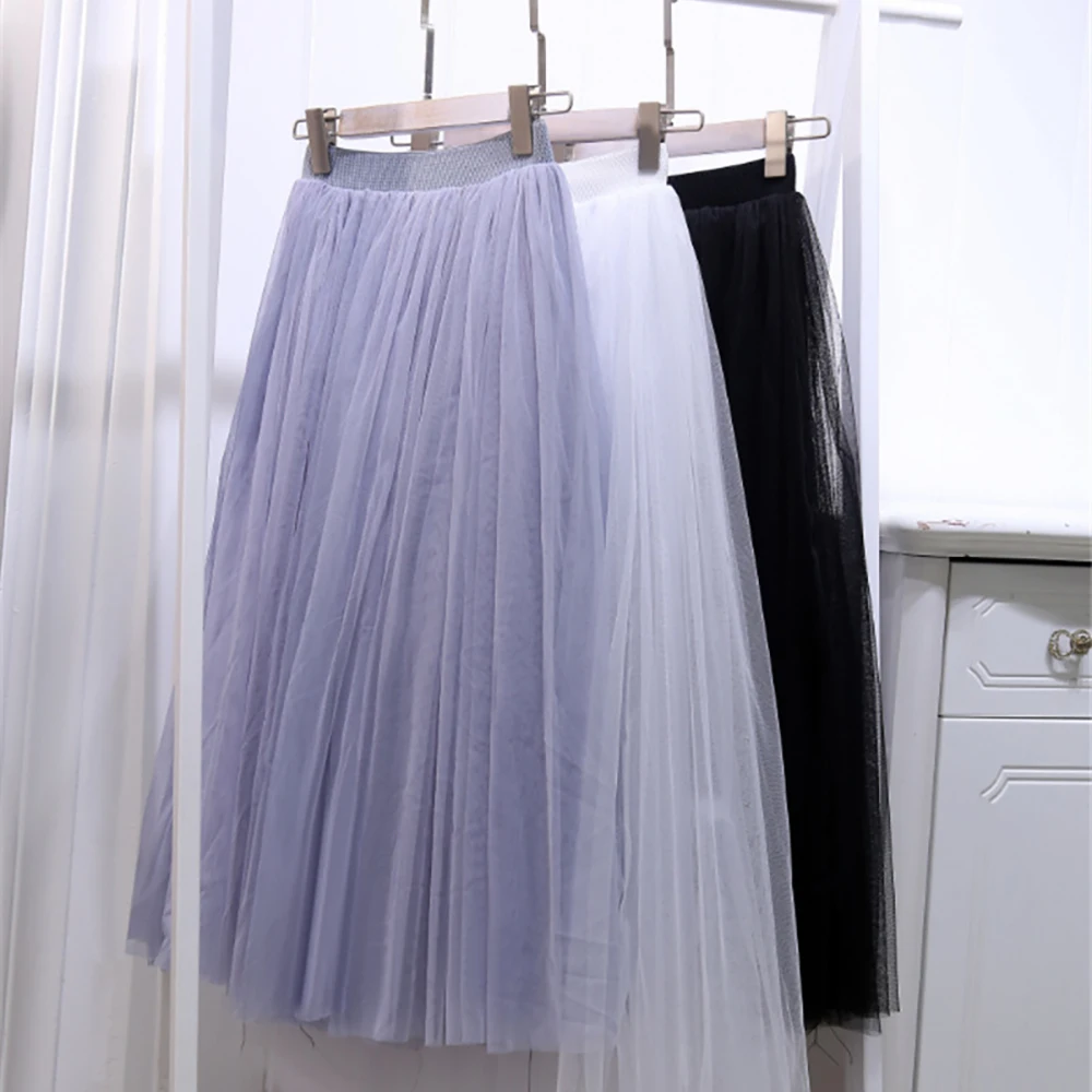 Новые модные Многослойные тюлевые юбки, женская черная серая белая юбка-пачка для взрослых, эластичная кружевная юбка с высокой талией, плиссированная юбка миди