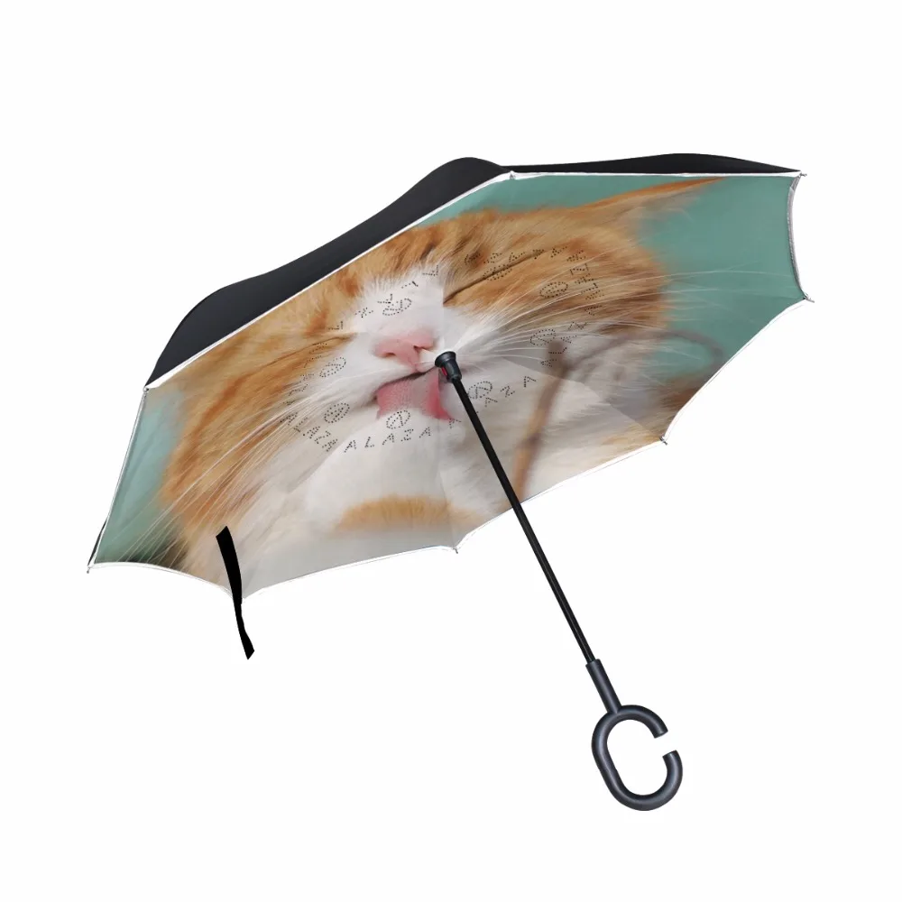 

Cute Cat Windproof Reverse Umbrella Double Layer Long Shank Inverted High Quality Fashion Creative Customized Travel Size