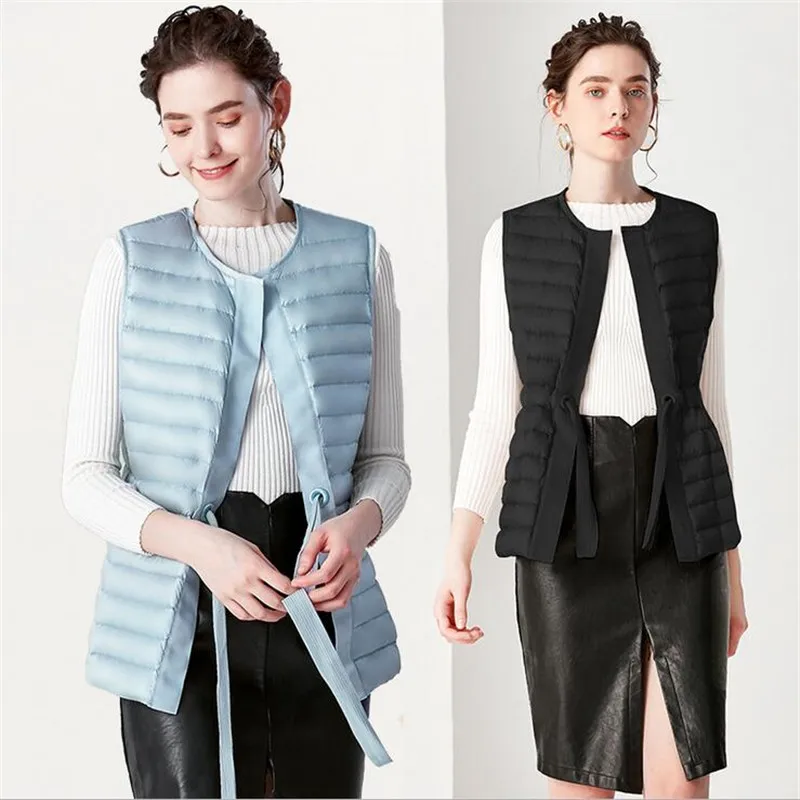 

2019 New Women 90% White Duck Down Vest Ultra Light Duck Down Elegant Female Jacket Winter Round Collar Coat Adjustable Bow Belt