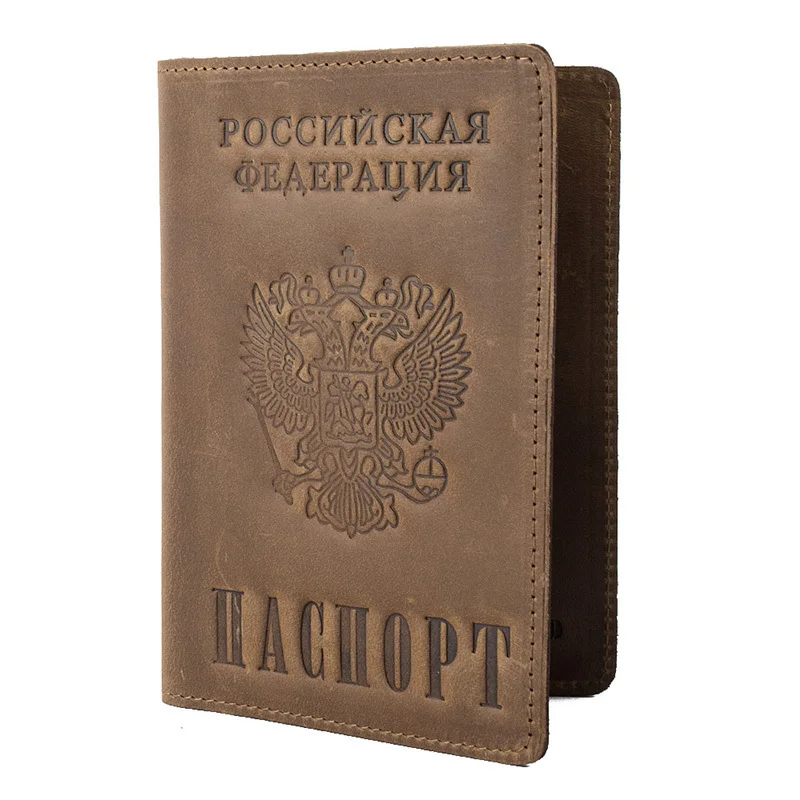 

Vintage Natural Crazy Horse Leather Russian Emblem logo Passport Cover Drop Ship A594 Men Genuine Leather Passport Case