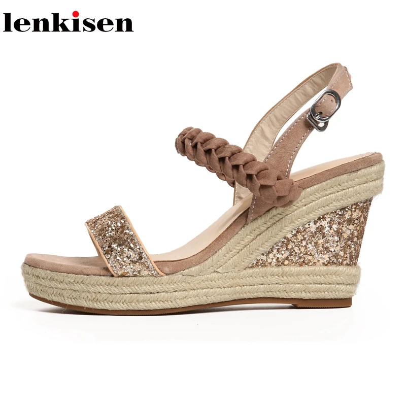 

Lenkisen 2018 kid suede bling sequined cloth fashion buckle straps sandals wedges peep toe high heels leisure handmade shoes L16