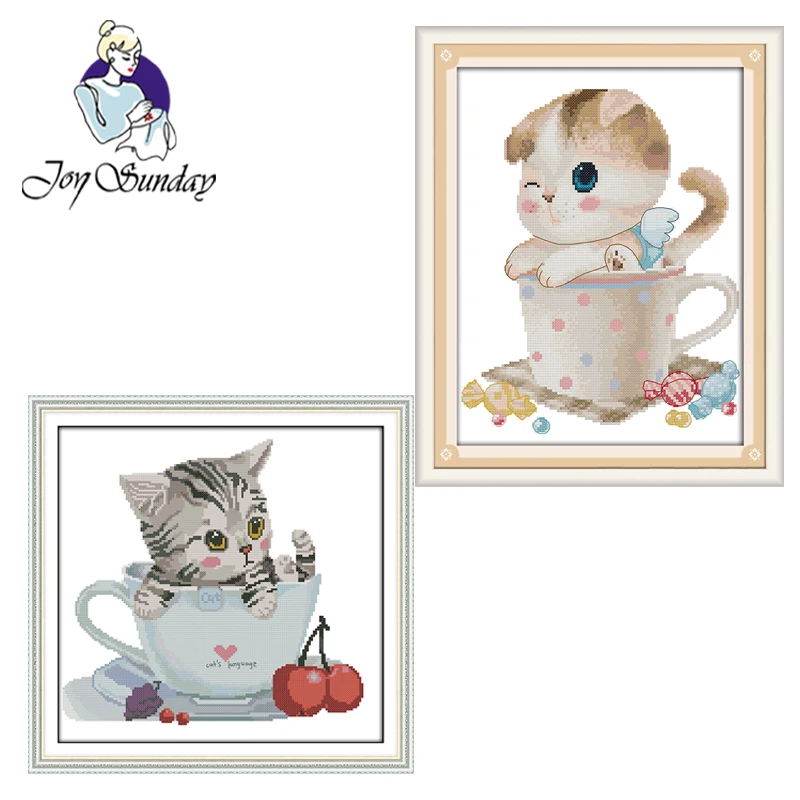 

Joy Sunday,kitten in the cup,cross stitch embroidery set,printing cloth embroidery kit,needlework,animal pattern cross stitch
