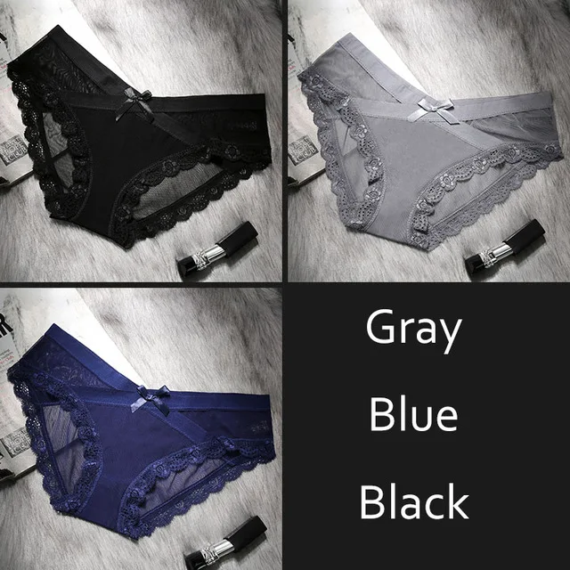 DULASI, сексуальные кружевные прозрачные сетчатые трусики, женские, дышащие, низкая талия, нижнее белье, милый бант, бесшовные трусы, нижнее белье - Цвет: Black Grey Blue