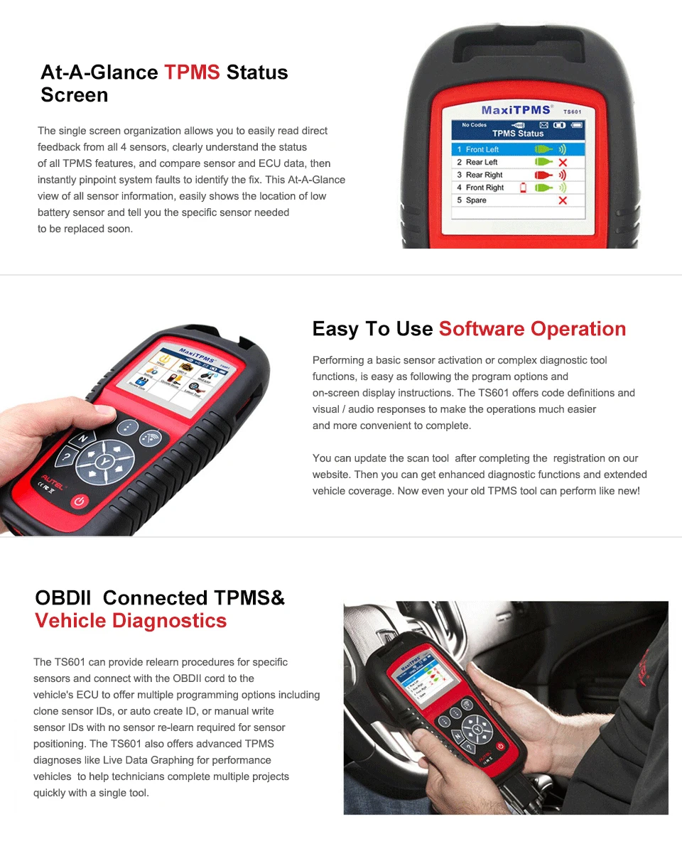 AUTEL MaxiTPMS TS601 диагностический инструмент автомобильный TPMS инструмент OBD2 сканер автомобильный инструмент Активированный датчик шин TPMS программист код ридер