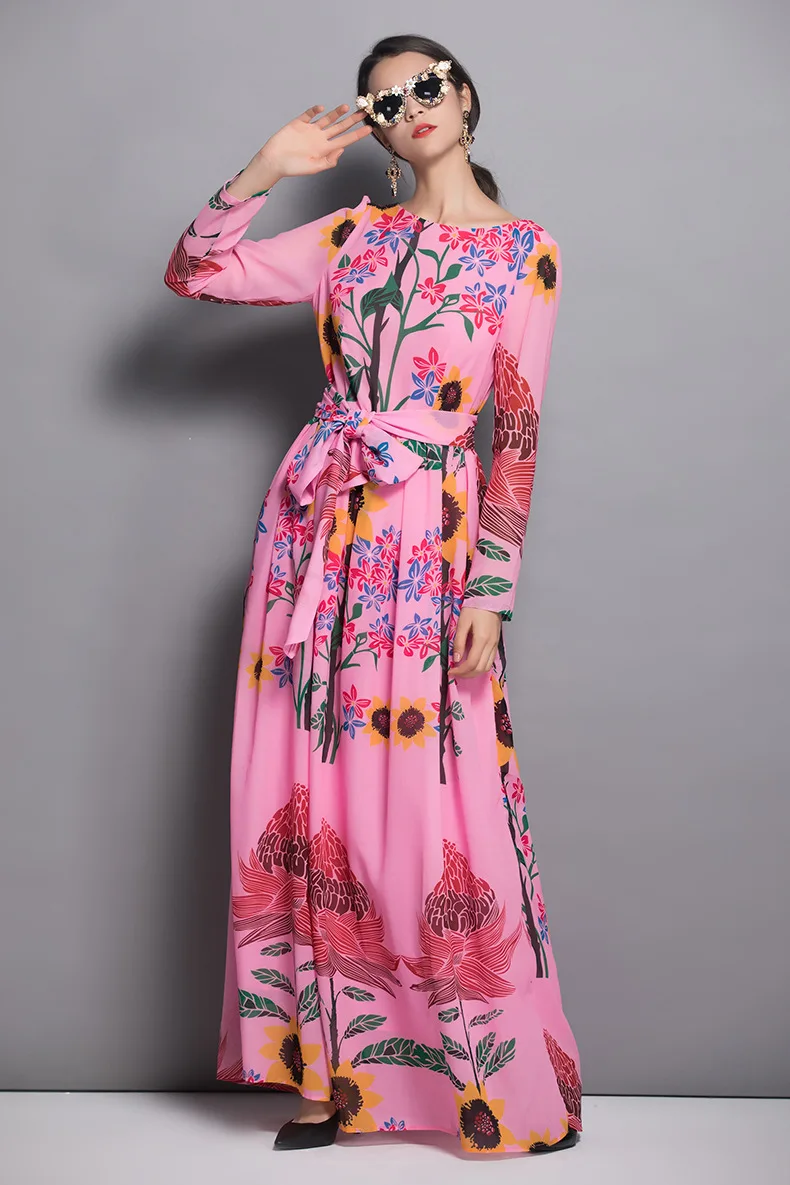 Qualité Floral Maxi Femmes Piste Parti Mode Haute Imprimé Robe D405 Rose Longues Boho Automne 2018 Manches Conception De fdRHq1