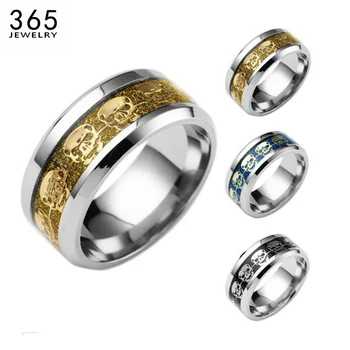 

Fashion Mens Jewelry Never Fade Stainless Steel Skull Ring Gold Filled Blue Black Skeleton Pattern Man Biker Rings for Men Gift