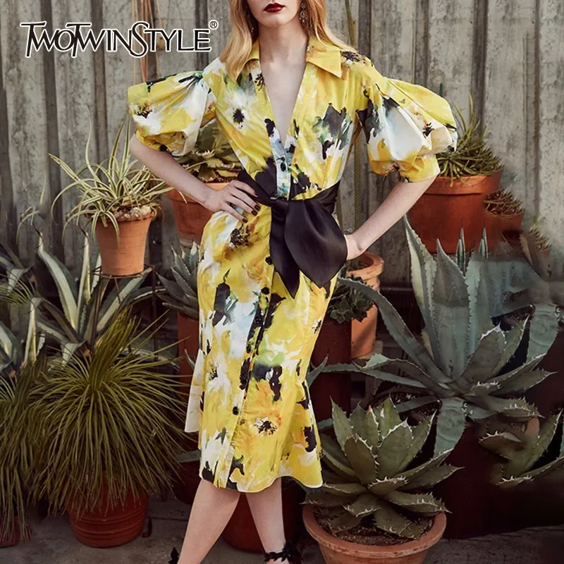 

TWOTWINSTYLE Summer Casual Print Women Dress Lapel Puff Shoulder High Waist Bowknot Lace Up Knee Length Dresses Female Fashion