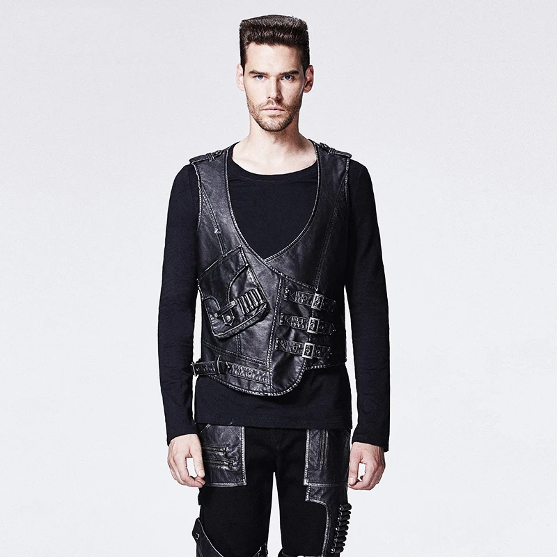 Punk Vintage Pu Leer Man Vest Gothic Zwart Mouwloos Nauwsluitend Jacket Vesten met Pocket