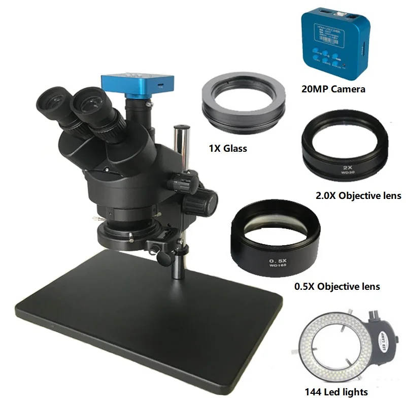 3.5X-90X Тринокулярный стереомикроскоп+ 20MP Microscopio Цифровая видеокамера+ 144 регулируемое светодиодное освещение+ CTV 1/2 адаптер объектива