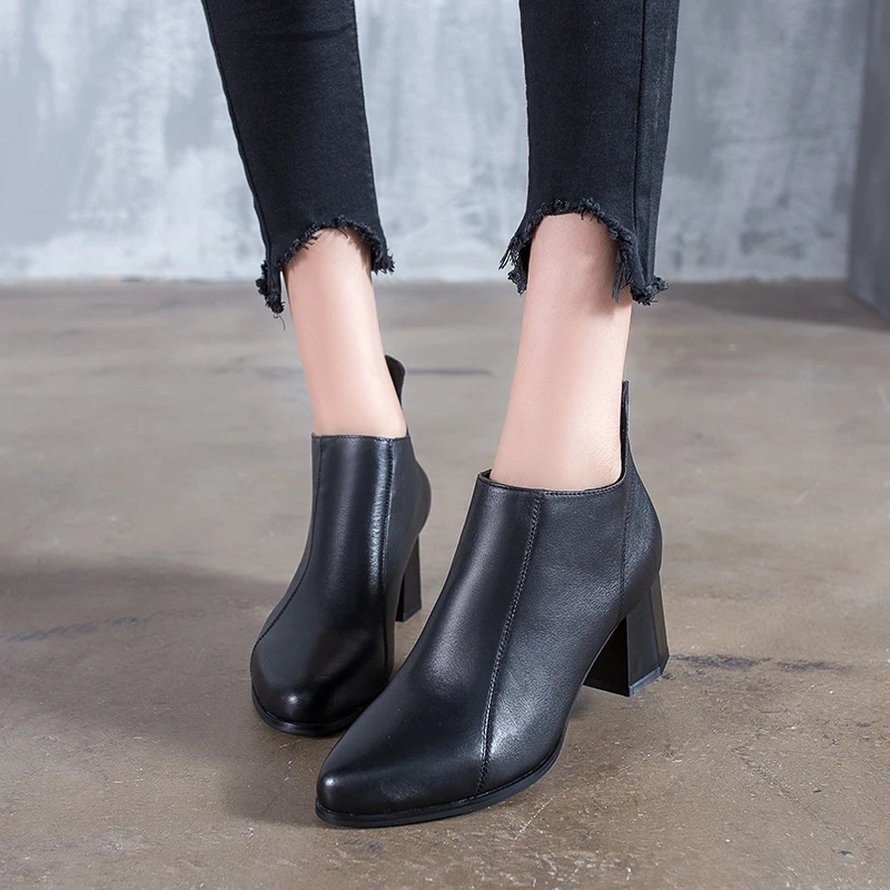 

Pointed Toe Black Fashion Boots For Women Fresh Lady Ankle Booties Handmade Natural Leather Durable High Heel Female Shoes