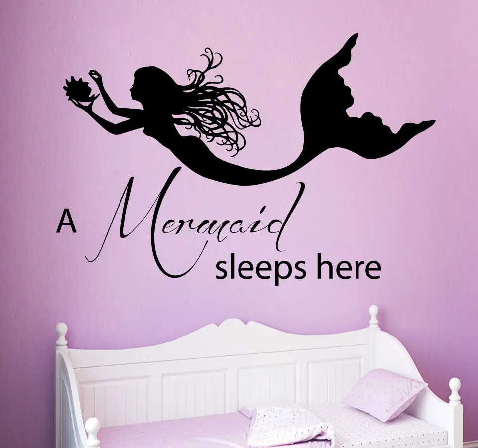A Mermaid Sleeps Here Quote Wall Decal Nymph Girl Bedroom Wall Sticker