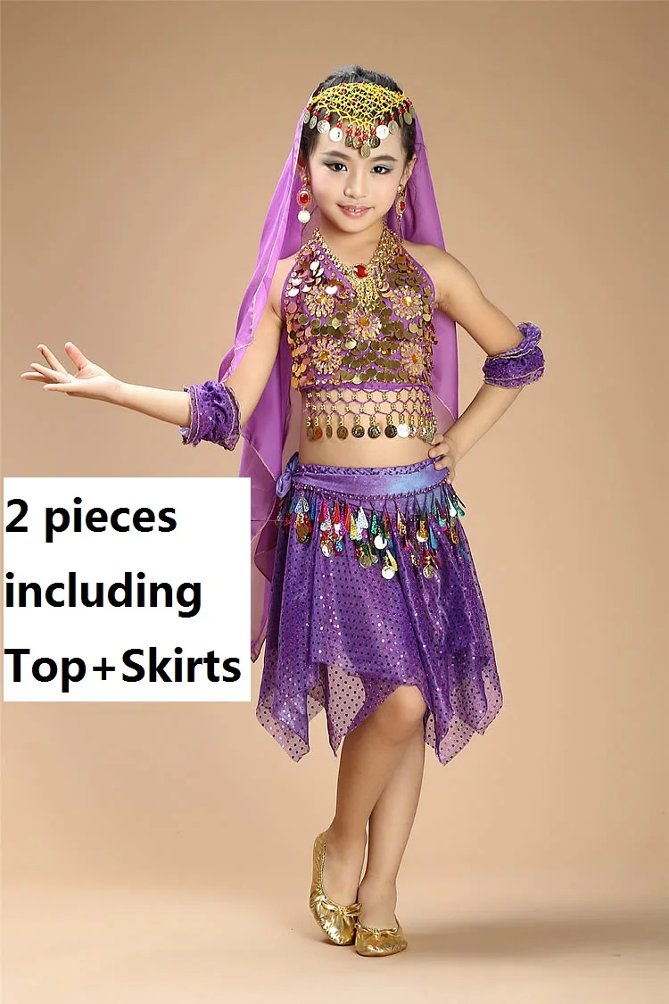 Детское платье для танца живота для девочек, платья, штаны, топ для танца живота и штаны, костюм, комплект для девочек, индийская болливудская одежда - Цвет: purple2pcs