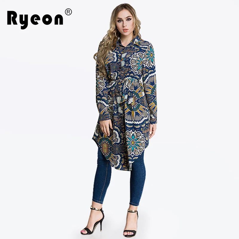 Ryeon Shirt Dress Autumn Spring Plus Size Women Dress Floral Printed Casual Sexy Loose Turn Down