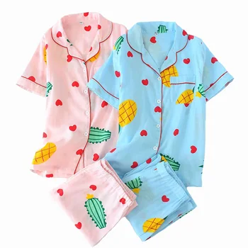 

2019 Summer New Ladies Pajama Set 2Pcs Cute Cartoon Pineapple Printed Sleepwear Set Turn-down Collar Short Sleeve+Pants Homewear