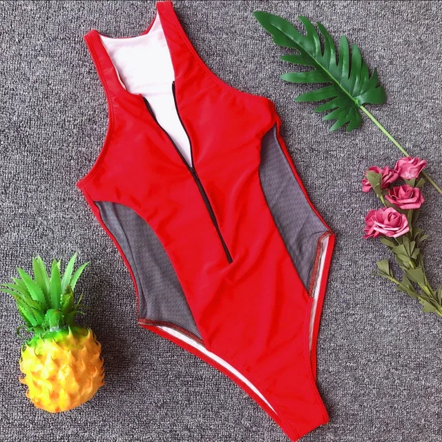 Buy Sheer Bikini 2019 One Piece Swimsuit Zipper Push Up
