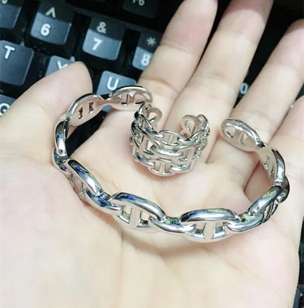 

Famous brand 925 Sterling Silver H lock jewelry For Women Men rose Silver design Letter H pig nose bracelet Bangle Ring Set