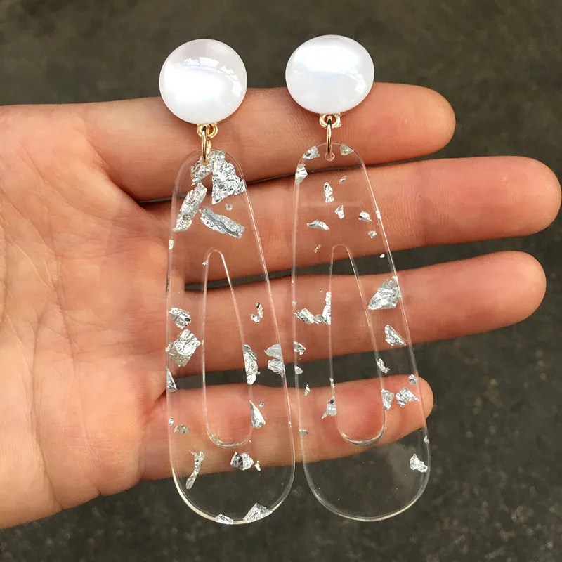 UJBOX Long Transparent Acrylic Resin Earrings Women Glitter Silver Foil Pendant Earrings Party Pending Hanging Earrings