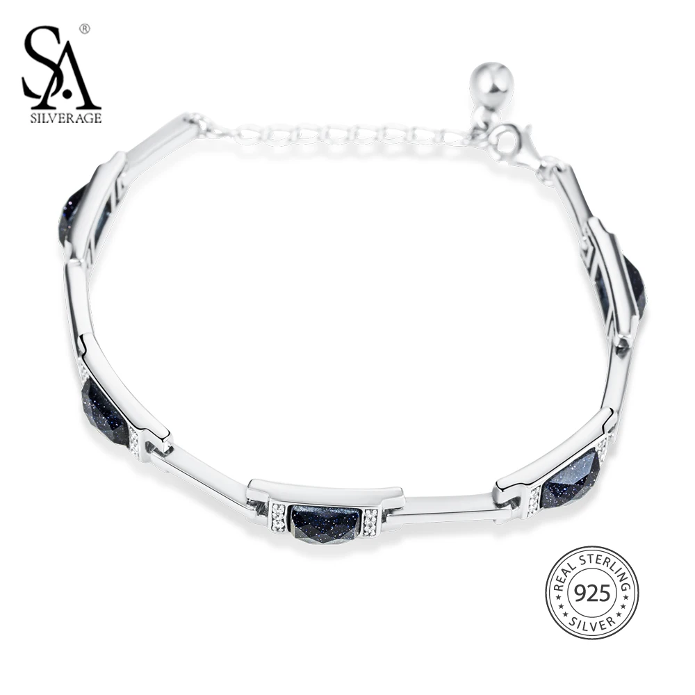 

SA SILVERAGE 925 Sterling Silver Rectangle Stone Chain Bracelets Bangles Birthday Gifts For Women Wrist Charm Bracelets gift box