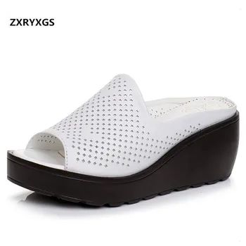 

ZXRYXGS Brand Sandals Summer Women Slippers 2019 Breathable Genuine Leather Sandals Wedges High Heel Shoes Woman Summer Sandals