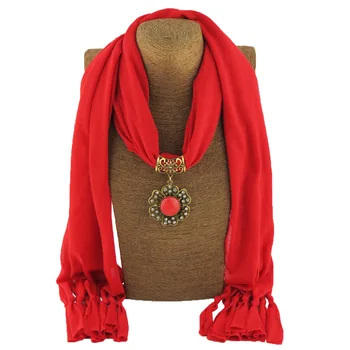 

Women's Scarf Round Gemstone Ancient Gold Alloy Pendant Scarf Women's Trendy Jewelry Polyester Sweat Fringe Solid Color Scarf