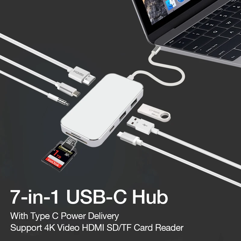 

OLOEY 7-in-1 USB C USB-C Hub With Type C Power Delivery 4K Video HDMI SD/TF Card Reader USB HUB for MacBook Pro HUB Splitters