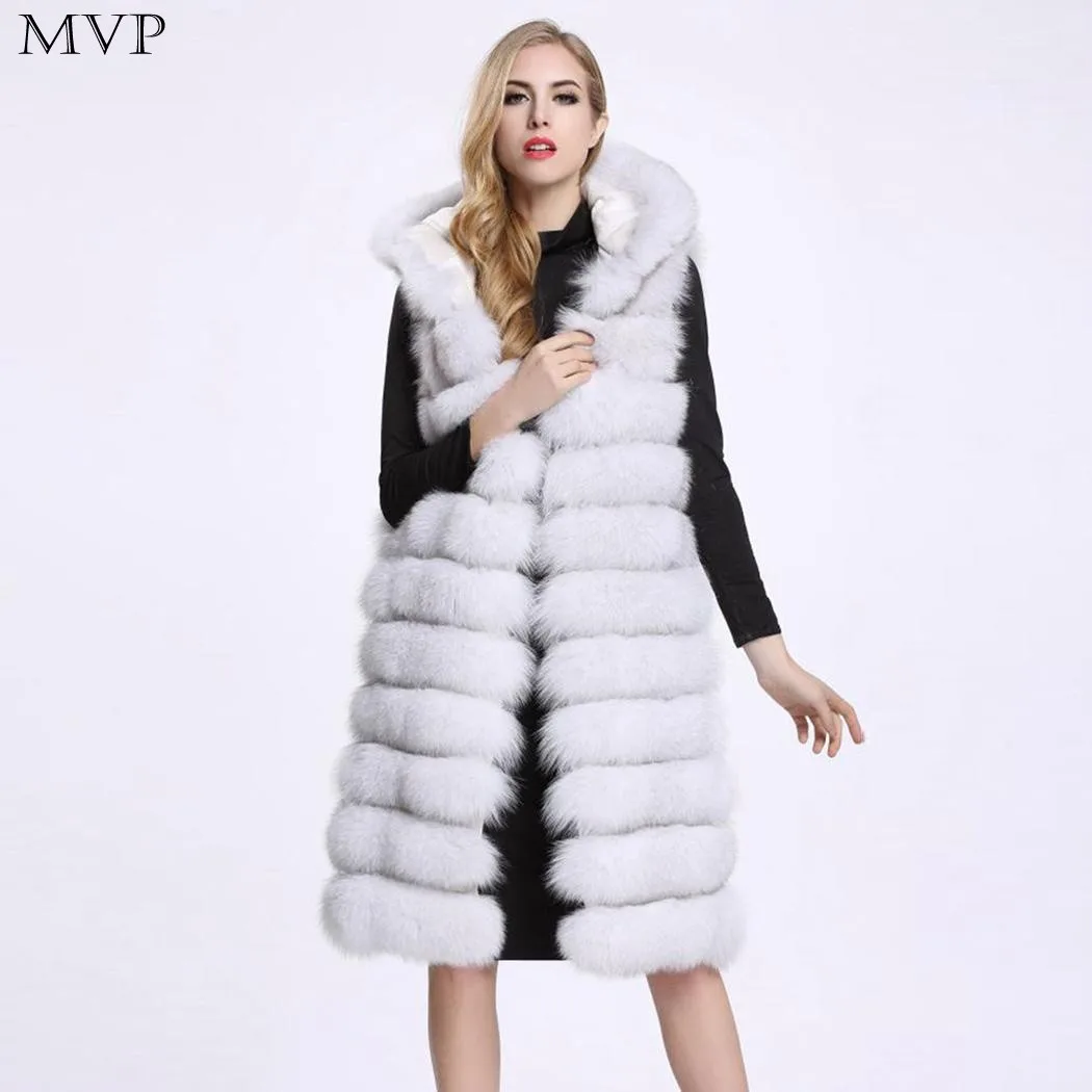 Faux Fur Coat Women Winter 2017 Hooded Fur Coat Warm Thick Faux Fur Vest Waistcoat Front Open Sleeveless Striped Long Coats