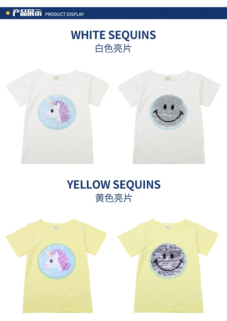 Летние милые футболки для девочек, меняющие цвет лица, волшебное обесцвечивание футболка с пайетками и единорогом для девочек, подарки для детей от 2 до 8 лет