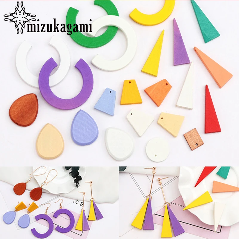 

10pcs/lot Candy Color Wood Geometry Round Water Drop Bead Triangle C Shape Beads Charms For DIY Jewelry Earrings Accessories