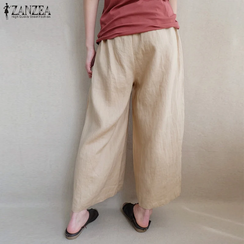 5XL ZANZEA, женские широкие брюки, летние, повседневные, эластичная талия, хлопок, лен, свободные панталоны, расклешенные брюки, уличная одежда размера плюс