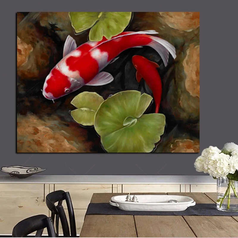 Print Chinese Koi Fish Lotus Feng Shui Animal Landscape Canvas Painting Wall Art Picture For Living Room Moder Sofa Home Decor (2)