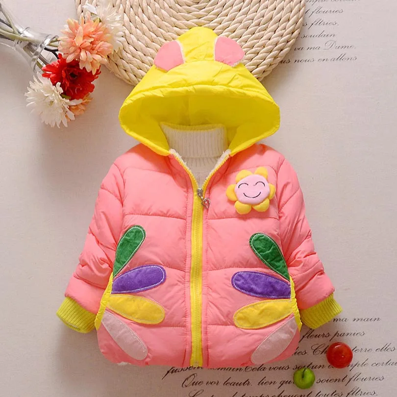 Зимние пальто для маленьких девочек с подсолнухом из коллекции года Детская зимняя куртка пальто с капюшоном Теплая зимняя куртка-пуховик пальто для девочек на возраст от 18 месяцев до 4 лет