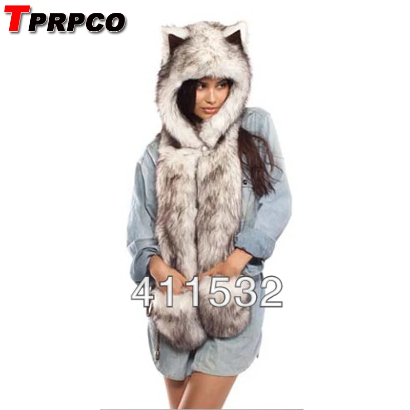 

Fashion hat female winter animal cap faux fur one piece cartoon cap belt scarf Christmas gifts NL1211