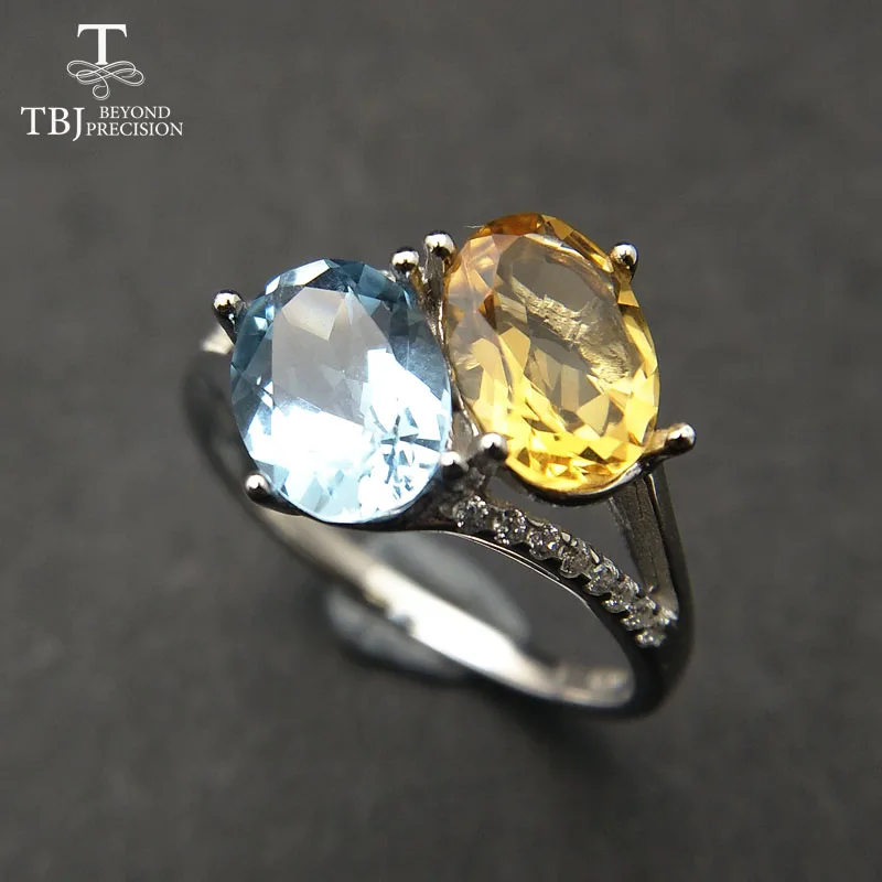 TBJ, два цвета, натуральный драгоценный камень, цитрин и Топаз, кольцо из стерлингового серебра 925 пробы, хорошее ювелирное изделие, модное кольцо для девочек с подарочной коробкой