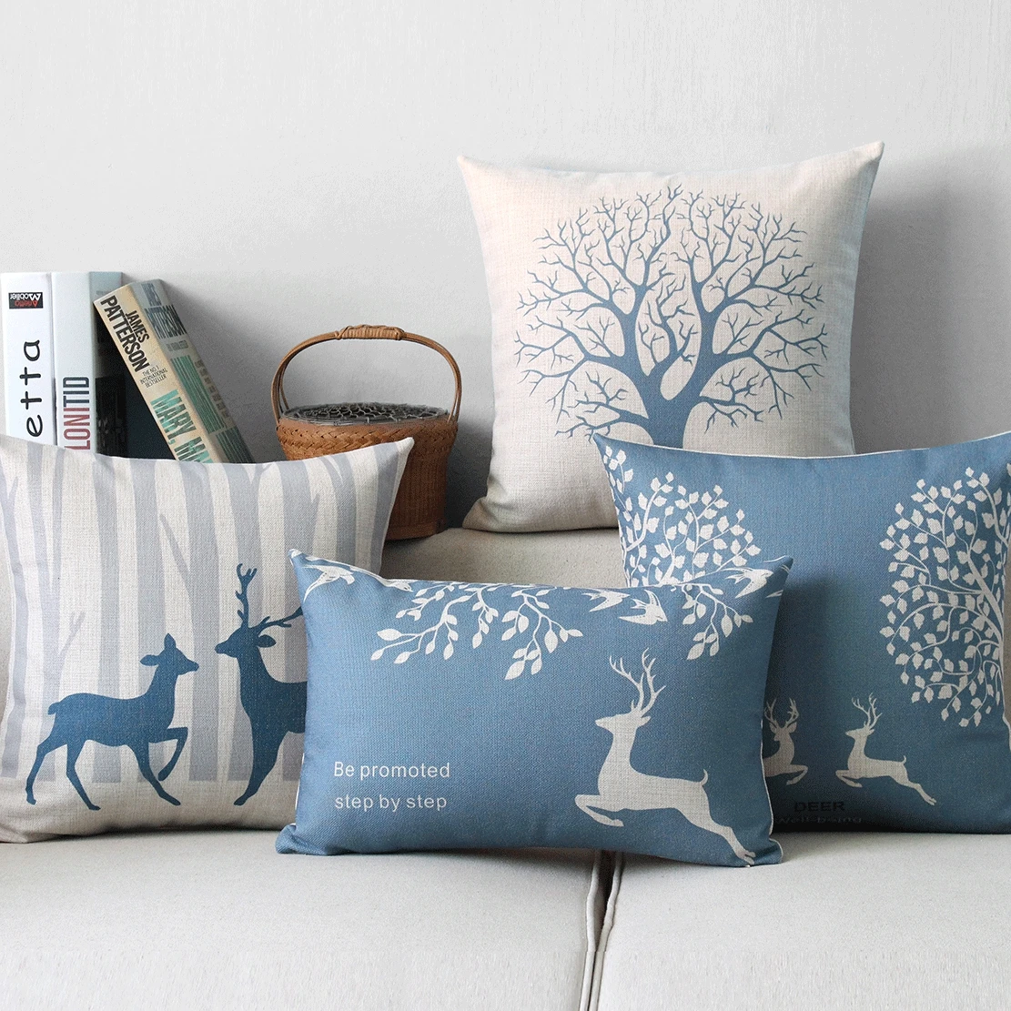 Original Vintage Cotton Linen Pillowcase Blue Deer Waist Cushions