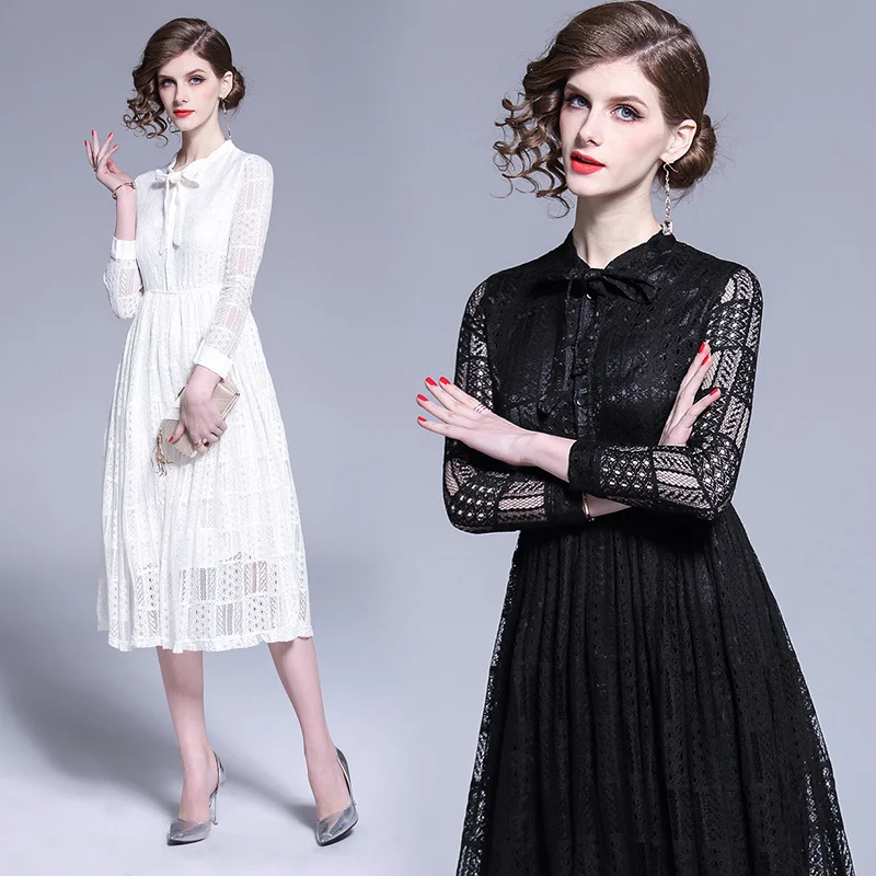 

2019 Spring Summer Fall Runway Lace Hollow Out Embroideried Long Sleeve Bow Tie Neck Women Ladies Casual A-Line Midi Dress