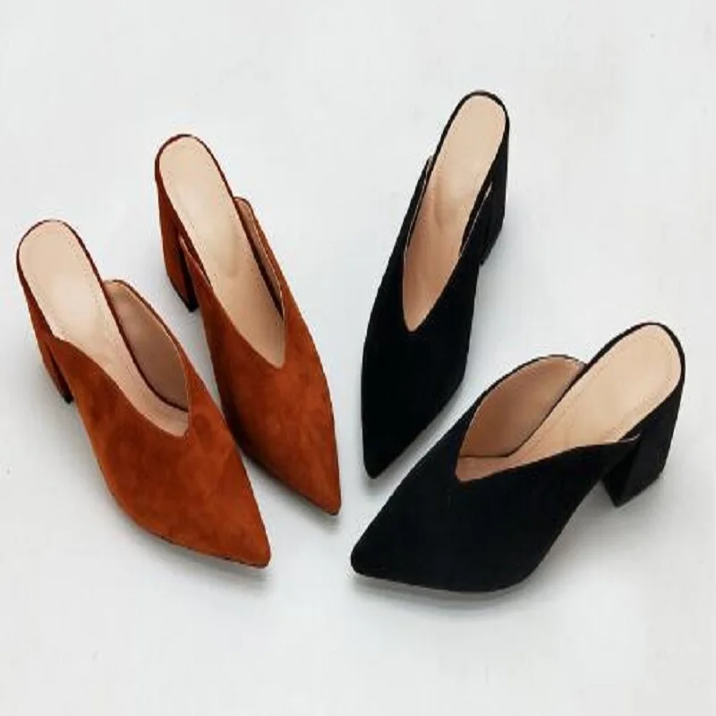 

women shoes pumps fashion mules 2018 summer genuine leather sexy pointed toe block high heels 8cm height big size