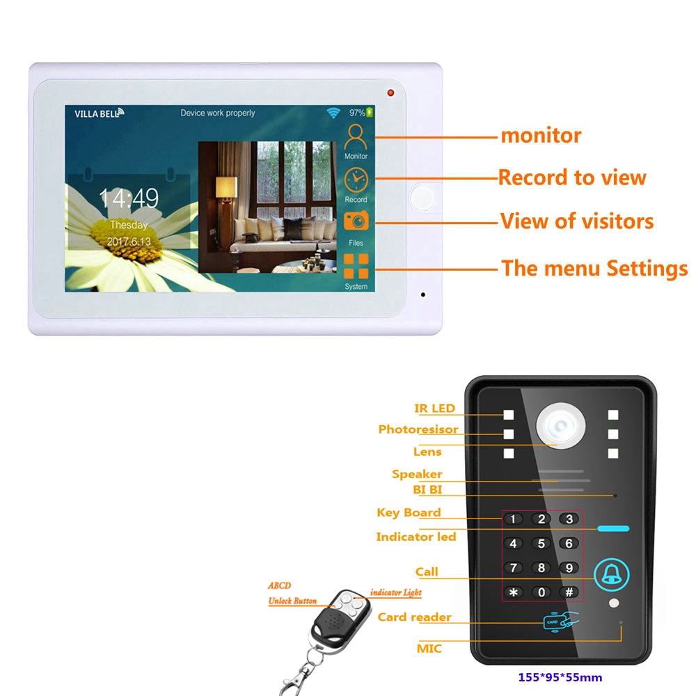7 "проводной/Беспроводной Wi-Fi RFID пароль видео Дверные звонки домофон Системы с ИК-hd1000tvl Камера Ночное видение