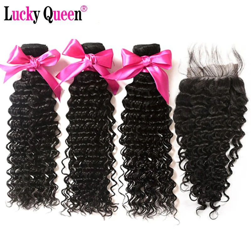 comprar Sorte Rainha Pacotes Com Fecho de Onda Profunda Do Cabelo Não Remy Do Cabelo Brasileiro Weave Bundles 100% Cabelo Humano 3 Pacotes com fechamento 4*4