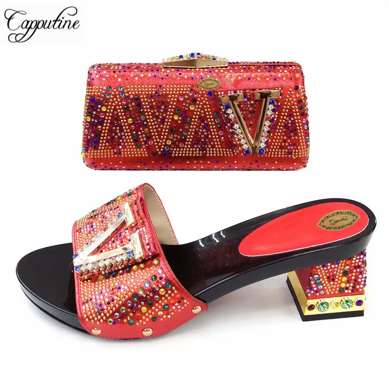 

High Quality Rhinestone Ladies Summer Shoes And Bag Set Afrian Style Woman Middle Heels 7CM Shoes With Purse For PartyTX-901