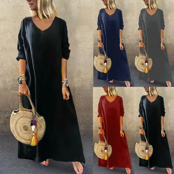 

Hawcoar Autumn New Fashion Women Ladies Sexy Loose Solid Long Sleeve V-neck Ankle-length Dress платье Wholesale Free Ship Z4