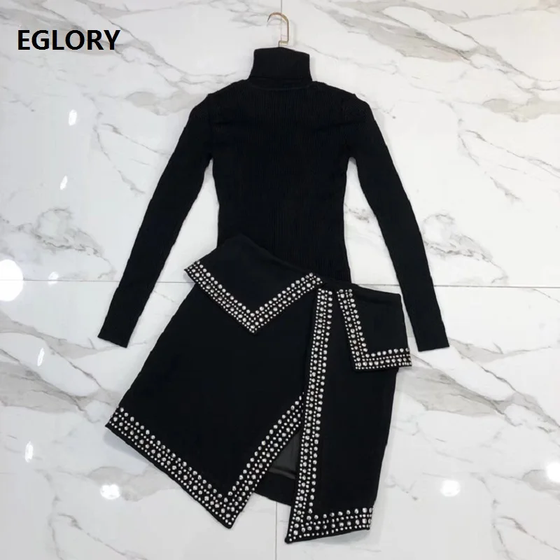 

High Quality Sweater Suits Autumn Winter Two Piece Set Women Turtleneck Knitted Jumper+Studs Beading Split Mini Skirt Suit & Set