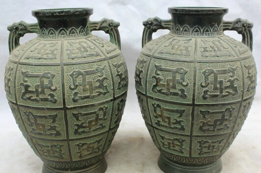 

JP S0524 10" Chinese Dynasty palace Bronze Beast handle Crock flower Bottle Vase Pair