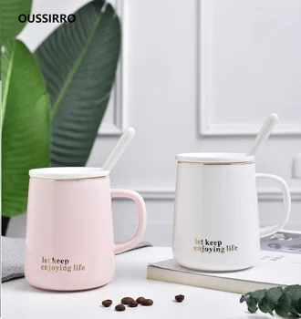 

OUSSIRRO Ceramics Pure Color Milk / Coffee Mugs With Cover Spoon and Candy Color Mugs Handle Cup Kitchen Tool Gift