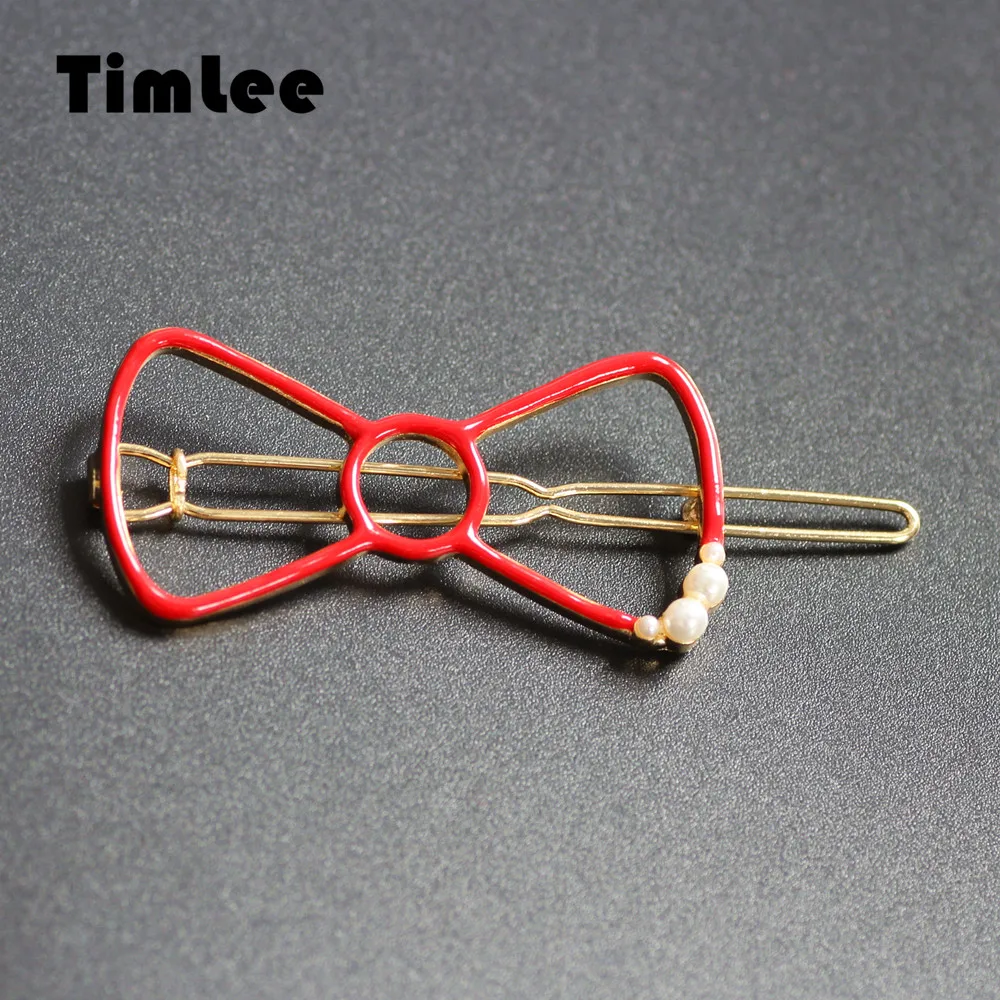 

Timlee H012 Free Shipping Cartoon Cute Red Bowknot Hairpin Imitation Pearl Star Hair Clip hair accessory wholesale