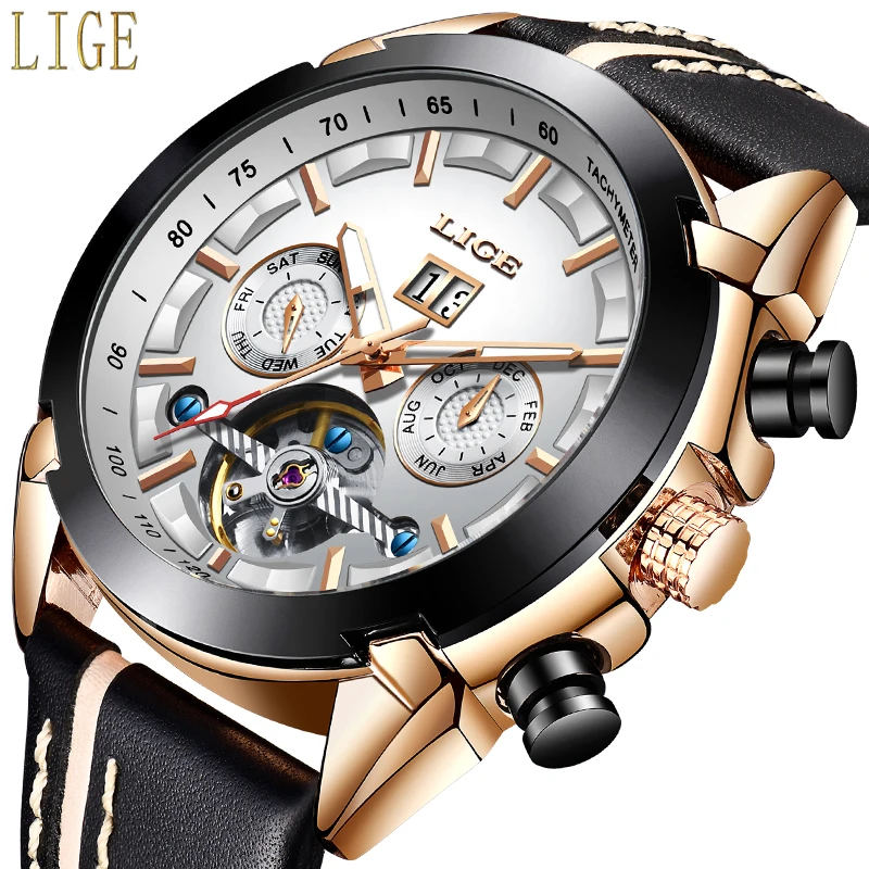 

LIGE New Mens Mechanical Watch Tourbillon Automatic Mechanical Watch Mens Military Leather Waterproof Sports Clock Montre Homme
