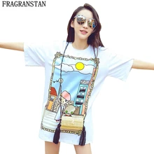 Для женщин новые летние милые мультфильм печати плюс Размеры хлопковая Футболка Повседневное свободные короткий рукав топы с круглым вырезом BF белые футболки LY528